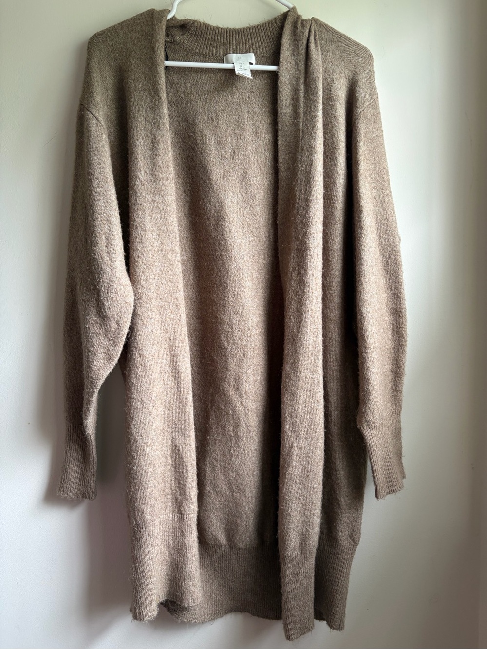 H & M Women’s Classic Tan Longline Long Open Cardigan Sweater Wool Blend Soft S